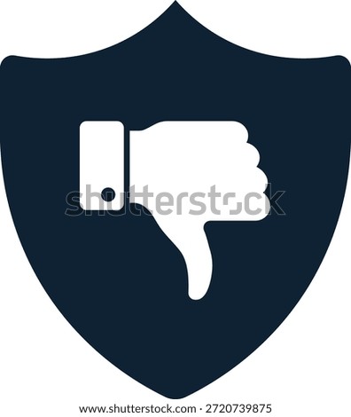 Dark blue shield with white thumbs down protection security