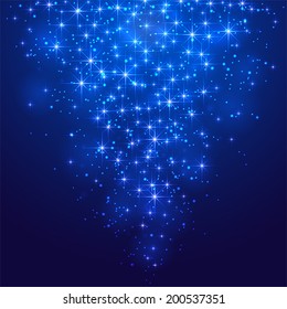 Dark blue shining background with stars and blurry lights, illustration.