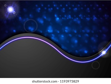 Dark blue shiny glowing background with neon wave. Vector corporate luminous design