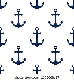 Dark blue ship anchors isolated on white background. Nautical monochrome seamless pattern. Vector simple flat graphic illustration. Texture.