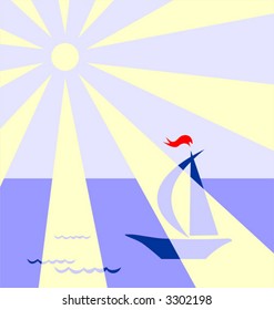 Dark blue ship with a red flag and solar beams.