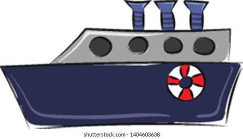 Ein dunkelblaues Schiff mit einem roten und weißen Lifebuy, Vektorgrafik, Farbzeichnung oder Illustration. 