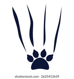 Dark blue silhouette of an animal paw print below four scratches on a white background