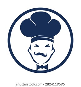A dark blue silhouette of a chef's hat and face within a circular frame, set against a clean white background.