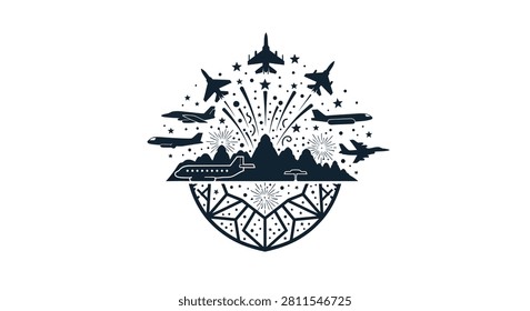 A dark blue silhouette design showing multiple aircraft flying above a mountain range with fireworks and geometric shapes
