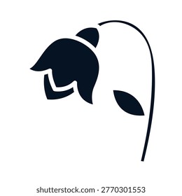Dark blue silhouette of a drooping bellshaped flower with a stem and a leaf