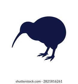 Dark blue silhouette of flightless kiwi bird standing in profile