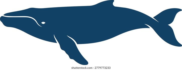 A dark blue silhouette of a humpback whale, isolated on a white background, showcasing its distinctive form and fins.