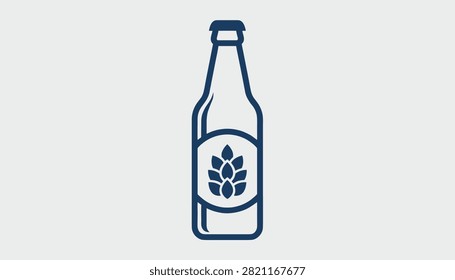 Dark blue silhouette icon of a classic craft beer bottle with a detailed hop cone illustration on the central label.