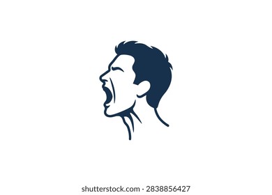 A dark blue silhouette icon of a man screaming with an open mouth isolated on a white background