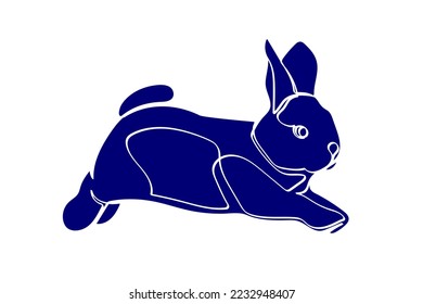 Silueta azul oscuro de conejo saltando sobre fondo blanco. Ilustración vectorial.