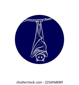 Dark blue silhouette of the large flying fox in dark blue circle. Vector illustration.