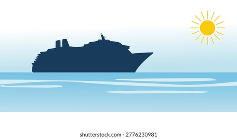 A dark blue silhouette of a massive passenger liner glides across calm blue waters with a stylized sun shining brightly in the sky