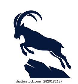 Dark blue silhouette of a mountain goat leaping off a rock
