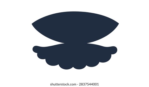 Dark blue silhouette of an open seashell or clam showing the two parts of the shell on white background.