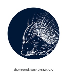 Dark blue silhouette of porcupine in dark blue circle. Vector illustration.