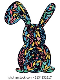 dark blue silhouette of a rabbit with colored patterns, flowers, leaves, swirls inside, cute vector element in a flat style