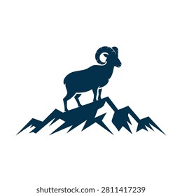 Dark blue silhouette of a ram standing on mountain peaks on white background