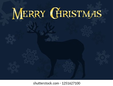 Dark blue silhouette reindeer with golden Merry Christmas letters on snowflake pattern and dark blue background. Christmas greeting card in vector design.
