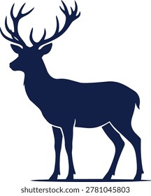 A dark blue silhouette of a stag standing proudly, showcasing its impressive antlers and strong build.