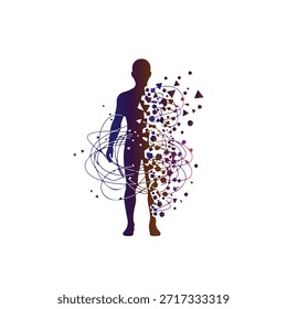 A dark blue silhouette of a standing human figure with colorful geometric shapes and swirling lines emanating from the body, on a white background