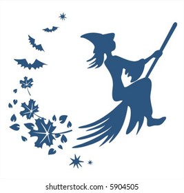 Dark blue silhouette of a witch on broom, flying leaves  and bats.