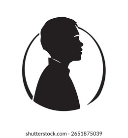 Uma silhueta azul escura do perfil de um menino, olhando para a direita, fechada dentro de um círculo simples e incompleto. A imagem evoca um senso de contemplação ou pensamento progressista.
