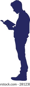 A dark blue silhouette of a young man standing and holding an open book while reading on white background