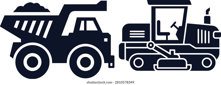 Dark blue silhouettes of a large dump truck filled with dirt and a road roller on a white background.