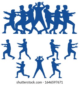 Dark blue silhouettes of teenagers dancing modern dance in different poses and emotion. A group of happy teenagers are dancing and having fun. Dance is life. Vector illustration isolated on white.