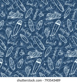 Dark blue sketch style surfing boards and signs vector seamless pattern