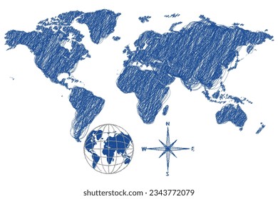 Dark blue sketch world map with lines globe and compass