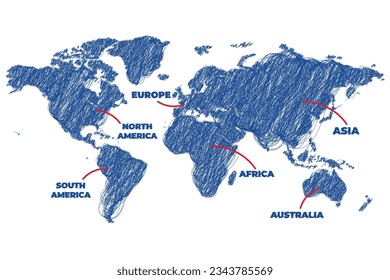 Dark blue sketch world map with lines and continent names 