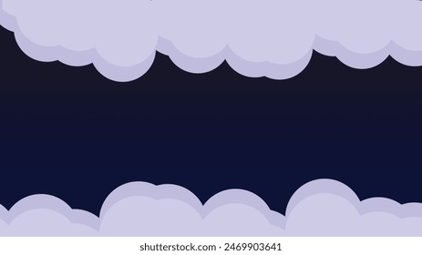 Dark blue sky background with clouds framing the top and bottom