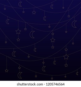 Dark blue sky background with golden stars and moon 