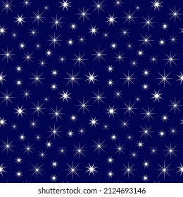 Dark blue sky background with stars, seamless pattern, texture for fashion design, wallpaper, fabric, linens and tiles. Vector illustration