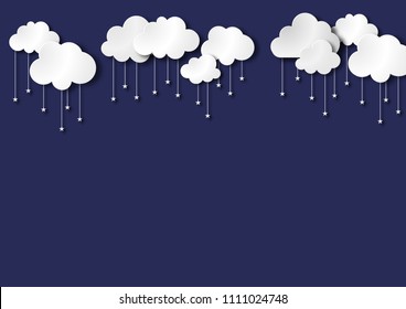 dark blue sky background and white cloud , night time and star, paper art style vector