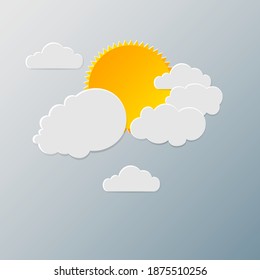 Dark blue sky with Clouds and sun. Paper Art Style.