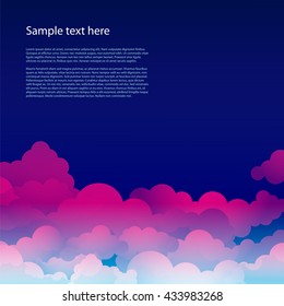 Dark blue sky with pink clouds. Vector background. Beautiful sky.