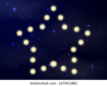 Cielo azul oscuro con forma de estrella con bombillas. Ilustración de material vectorial para afiches