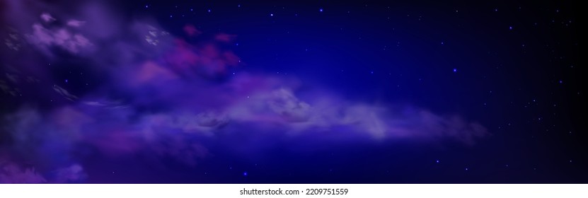 Cielo azul oscuro con estrellas y nubes esponjosas por la noche. Espectacular panorama del cielo a medianoche. Nubes moradas sobre el fondo de la galaxia, ilustración vectorial realista