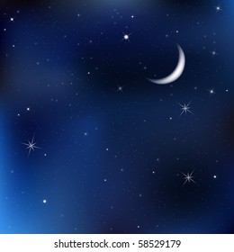 Dark Blue Sky With Stars And Moon, Vector Illustration