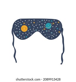 Dark blue sleep mask with space and plantes pattern. Sleeping accessory for resting and relaxation at trip, plane. Night band for nap. Face cover, blindfold. Vector illustration 