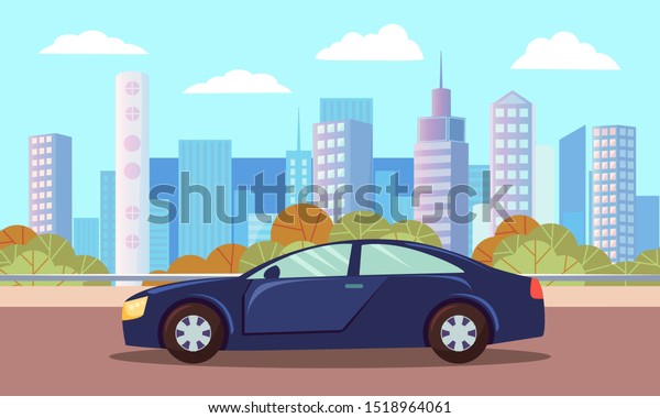 Dark blue small car, vehicle on city background.\
Sedan or hatchback stand on asphalted road or highway. Beautiful\
landscape of town with skyscrapers. Vector cartoon illustration in\
flat style
