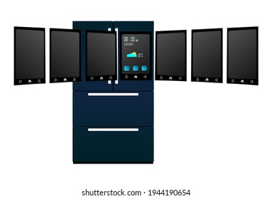 Dark blue smart refrigerator with 6 blank display templates on white background. One display show time, date, temperature, and icon.
