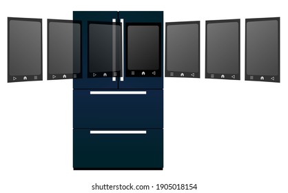 Dark blue smart refrigerator with display on white background