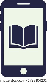 A dark blue smartphone displays a light green screen with an open book icon in the center. The icon is a simple, flat graphic representing reading or digital literature.