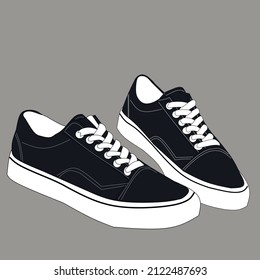 Dark blue sneakers with white laces on a gray background.