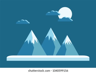 Dark Blue snow covered mountains with clouds and a moon with an ice platform