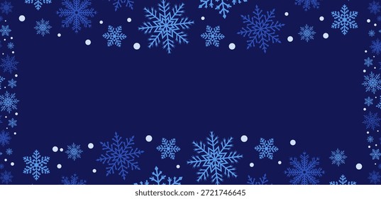 Marco de borde de copo de nieve azul oscuro sobre un fondo azul. Diseño clásico de invierno con un borde decorativo de copos de nieve azules sobre un fondo azul oscuro. Diseño versátil para anuncios navideños, invitaciones y tarjetas de temporada.